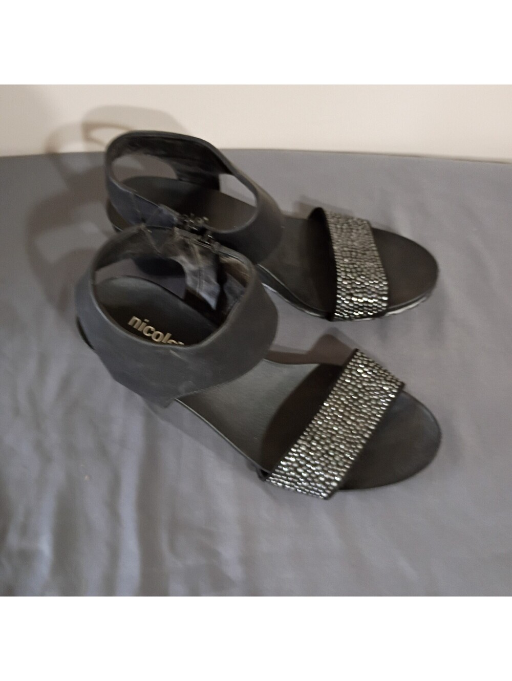 Nicole Black Wedge Sandals with Rhinestone Strap